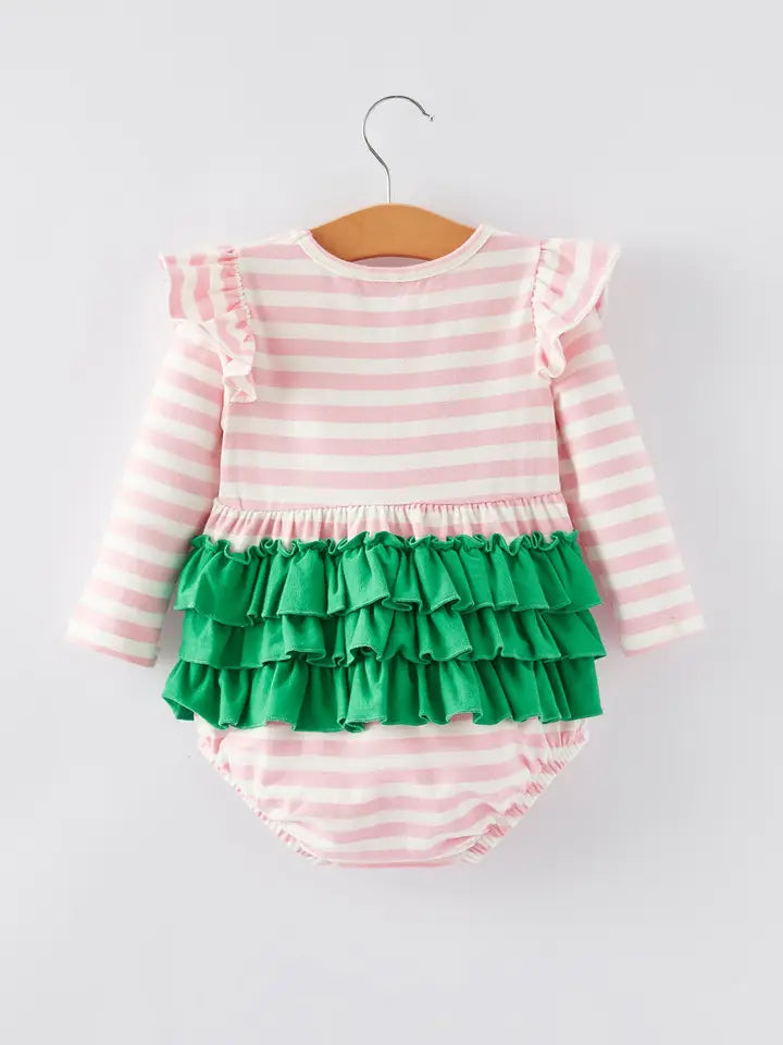 Pink Stripe Christmas Tree Bow Romper