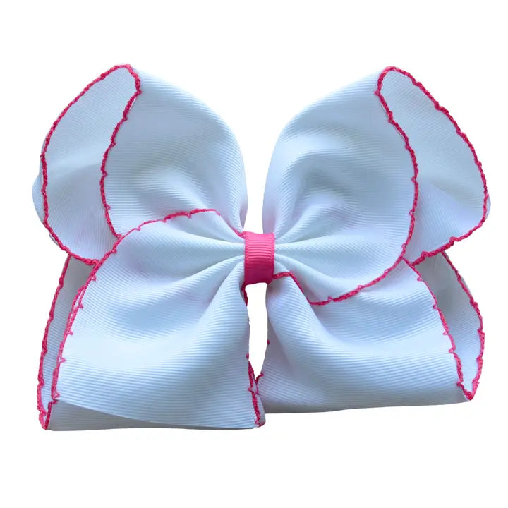 White with Hot Pink Edge Moon Stitch Hair Bow