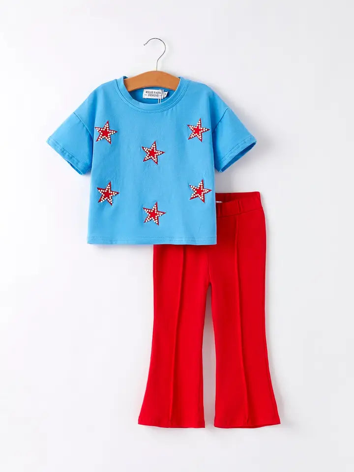 4th of July Star Applique Pearl Embellished Girls Set