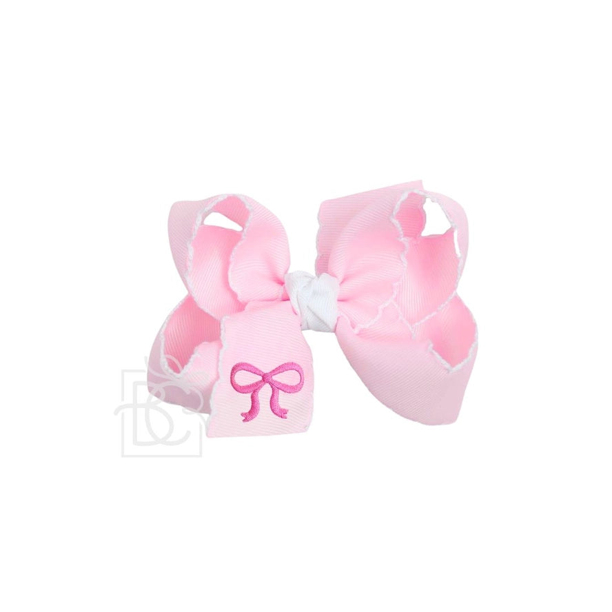 Embroidered Bow Crochet Edge Hair Bow On Alligator Clip - pink
