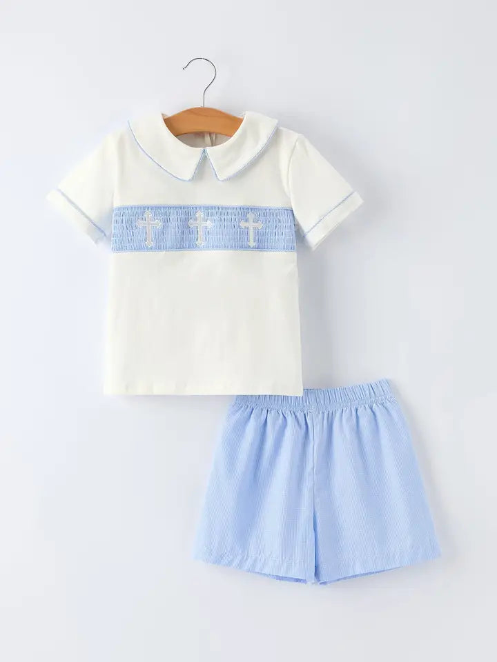 Blue Smocked Cross Boy Short Set