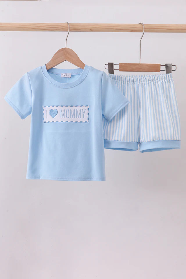 Blue I love MAMA smocked shorts set