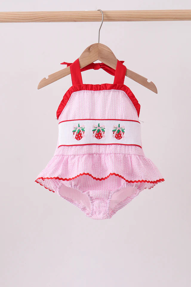 Pink Seersucker Strawberry Swimsuit (runs small)