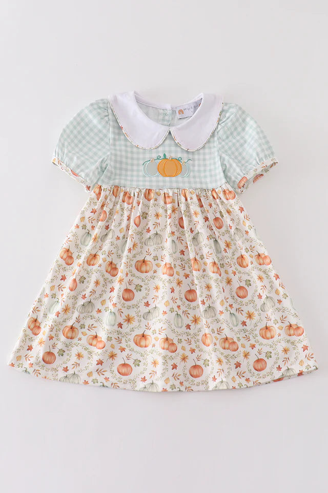 Green pumpkin embroidery plaid dress