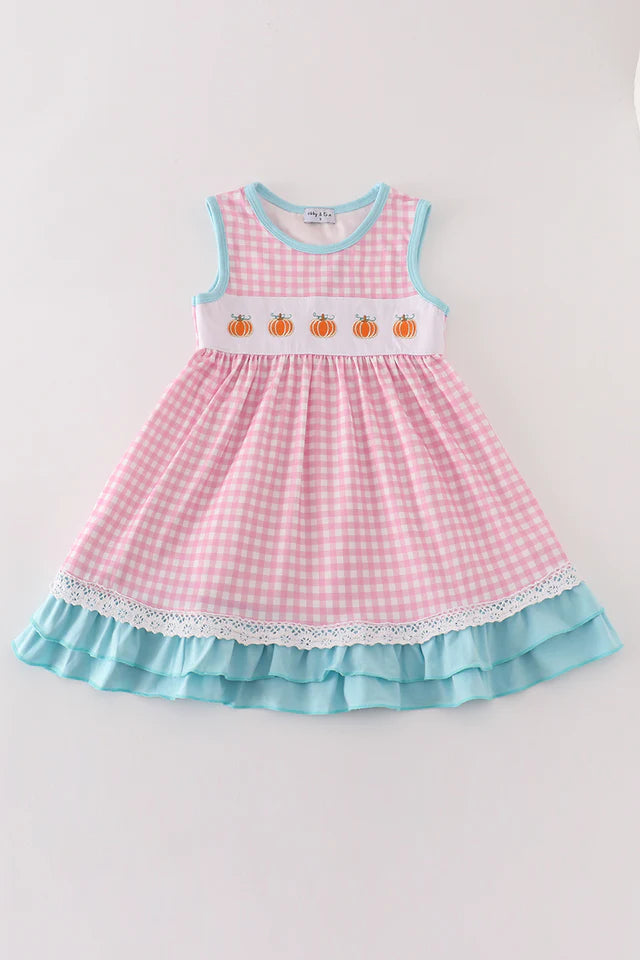Pumpkin Plaid Lace Ruffle Dress