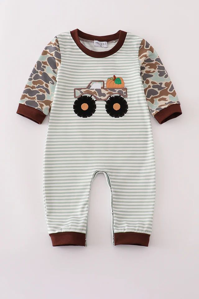 Camouflage Truck Pumpkin Applique Stripe Romper