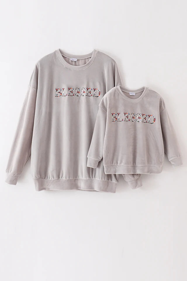 Mom & Me Grey Blessed Embroidery Top