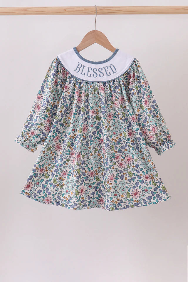 Blue Floral Blessed Embroidery Dress