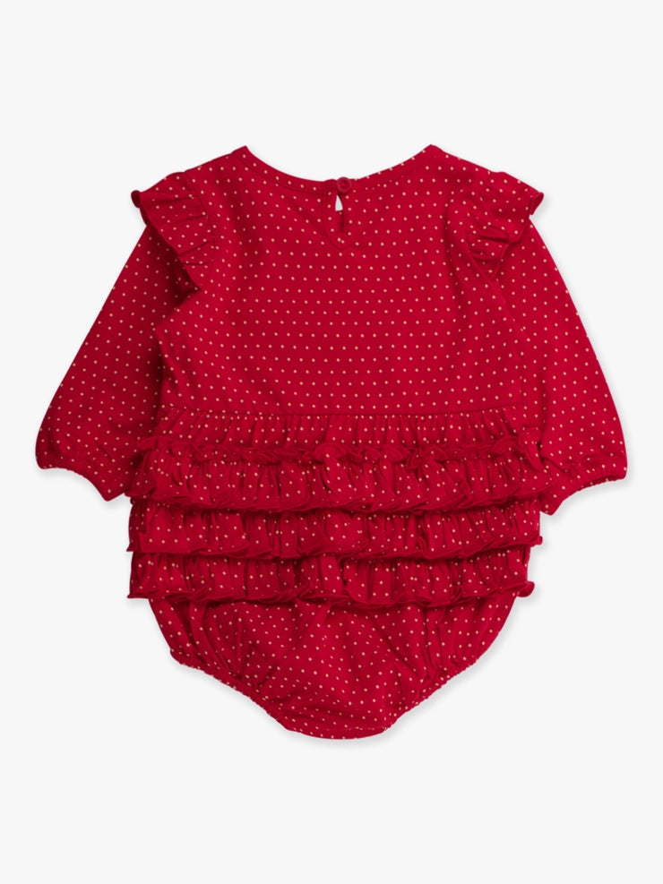 Baby Girls Tiny Red & Pink Dots Knit Long Sleeve Flutter Bubble Romper
