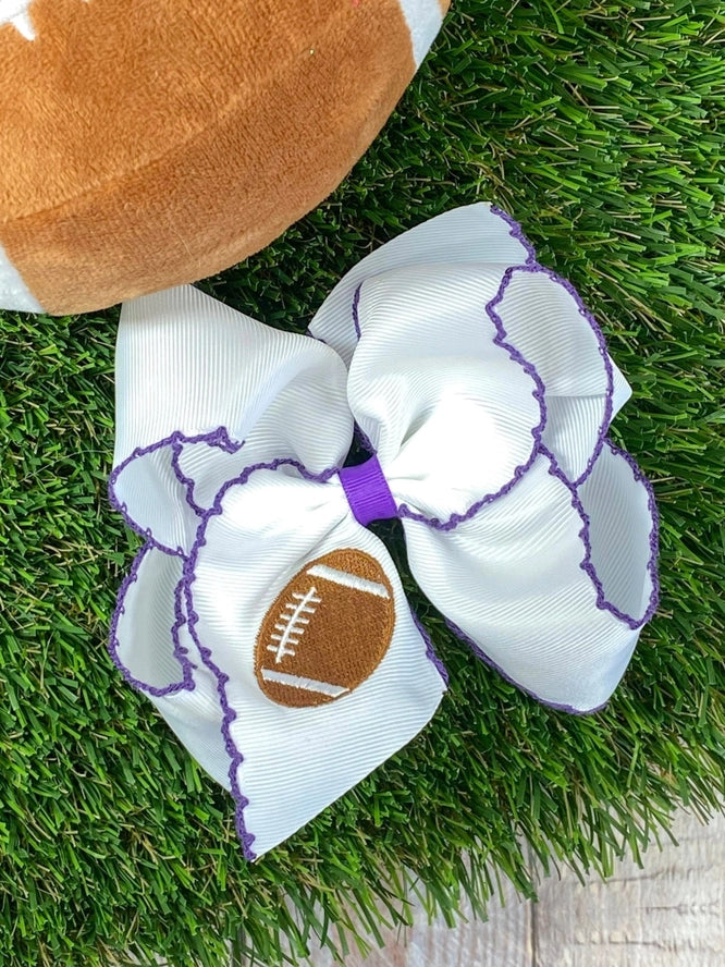 Football Embroidered Purple Moonstitch Bows 5"