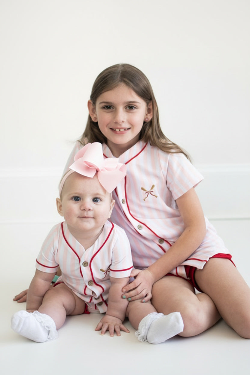 Pink Baseball Stripe Romper
