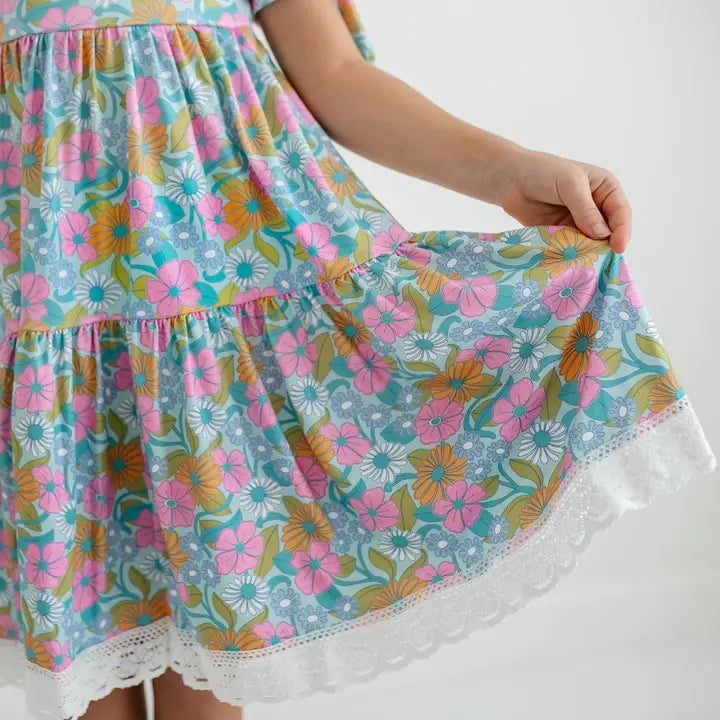 Kids Vintage Floral & Lace Tiered Square Neck Spring Dress
