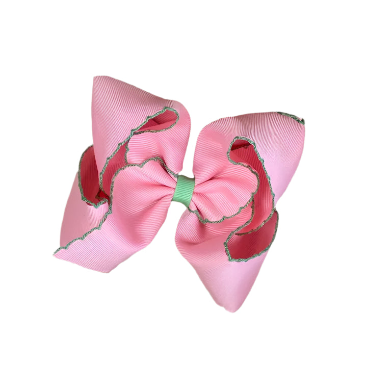 Pink with Green Moonstitch Hair Bow