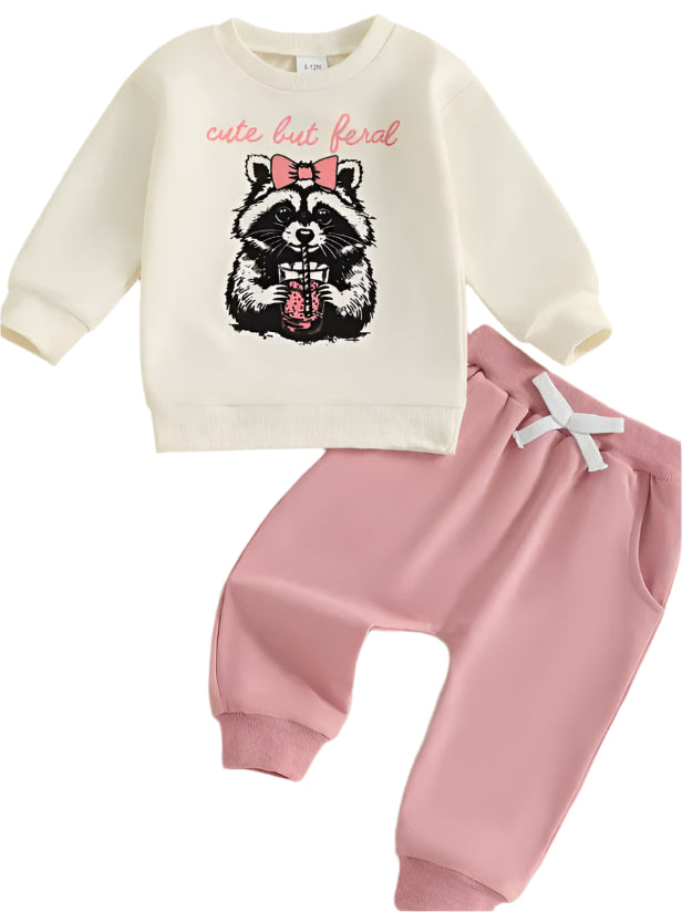 Cute But Feral Cream & Pink Girl Jogger Set