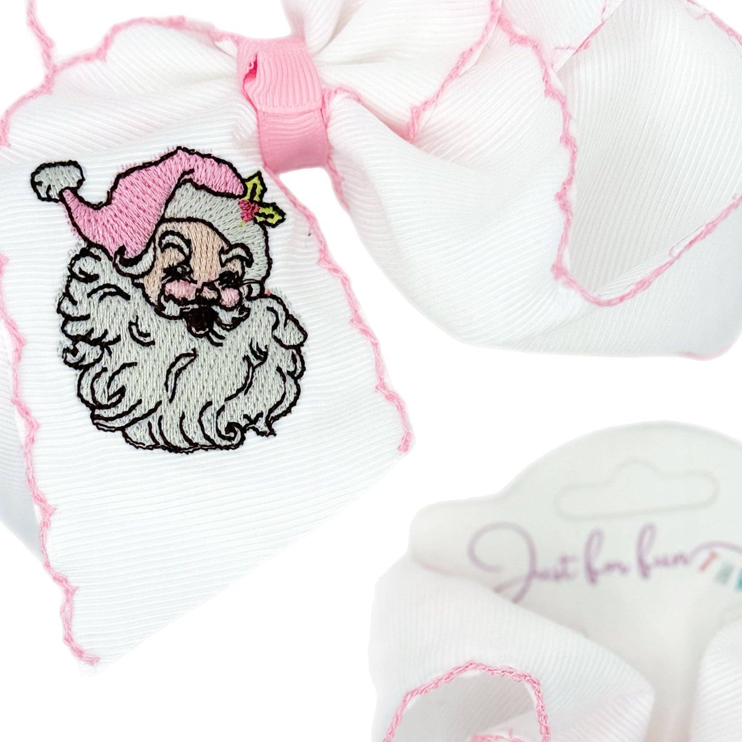 Pink Santa Embroidered Moonstitch Bow 5.5"