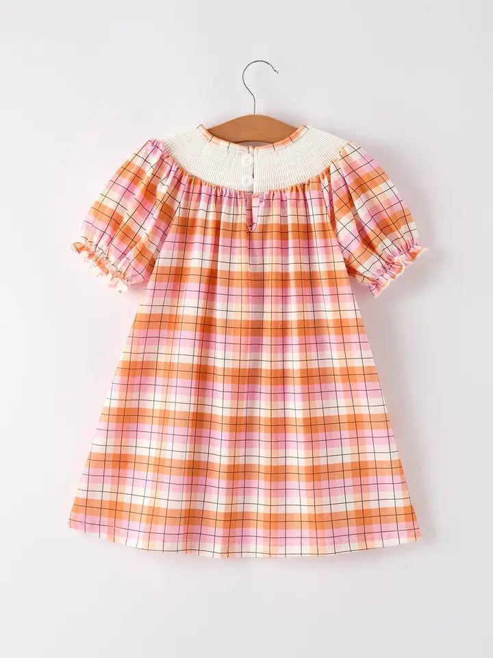 Halloween Pumpkin Bow Ghost Embroidered Plaid Girls Dress (ETA: Mid July)