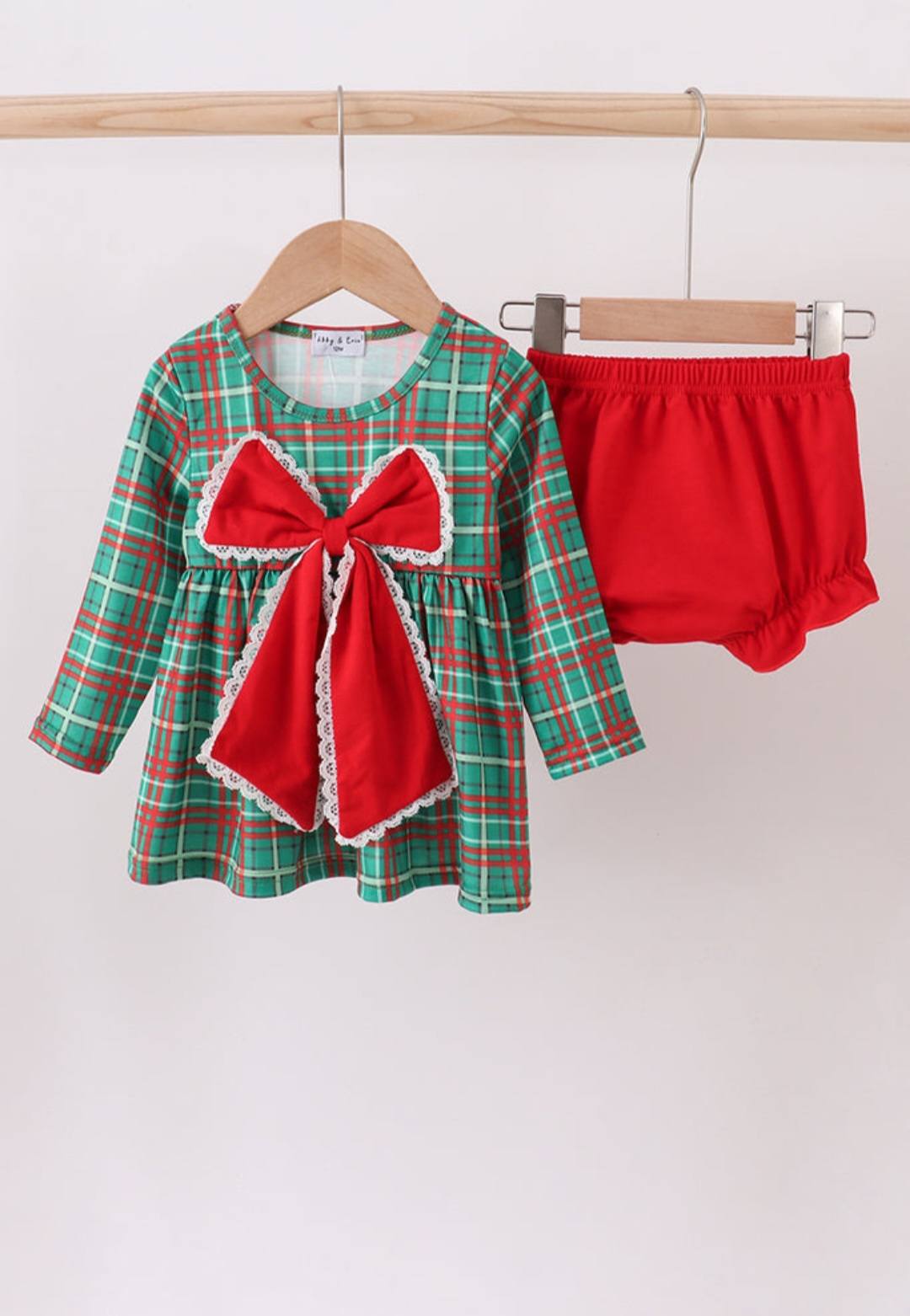 Forest Lace Bow Plaid Bloomer Set