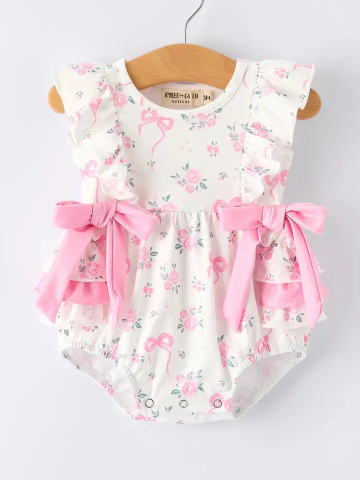 Pink Floral Baby Girls Bow Ruffle Romper