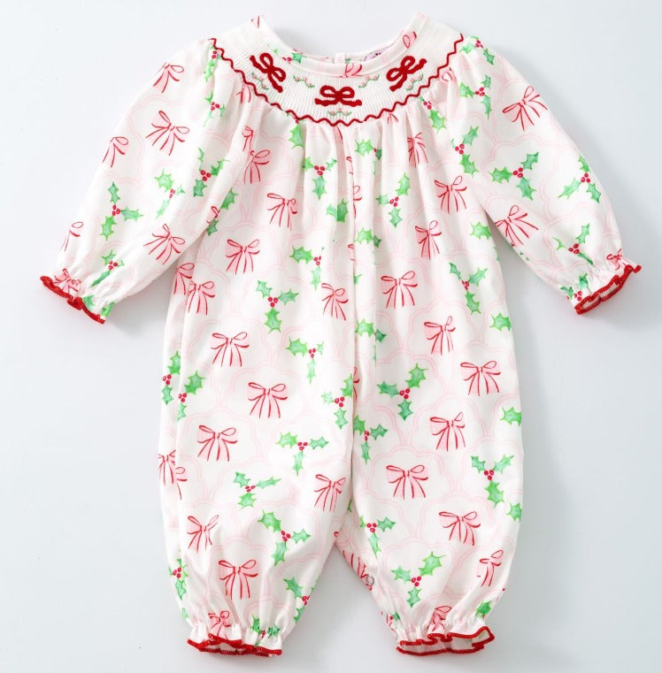 Bows and Mistletoes Smocked Baby Romper