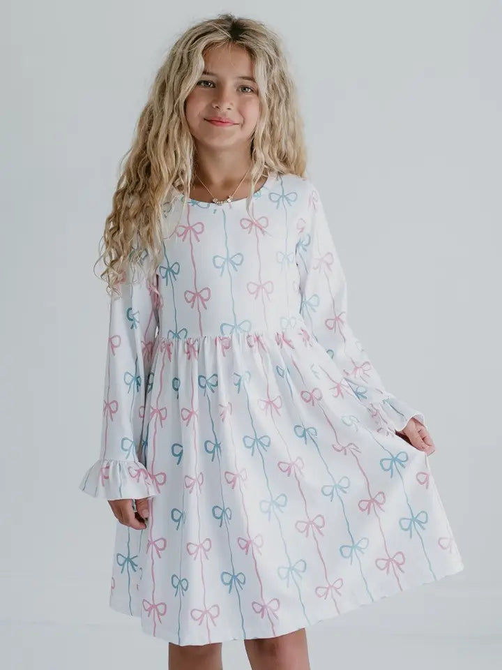 Girls Claire Coquette Pink & Blue Bow Winter Twirl Dress