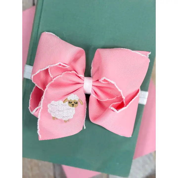 Little Lamb Embroidered Light Pink Moonstitch Bow Headband