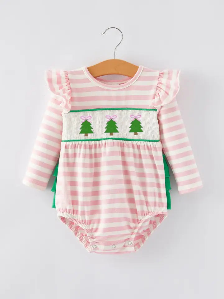 Pink Stripe Christmas Tree Bow Romper