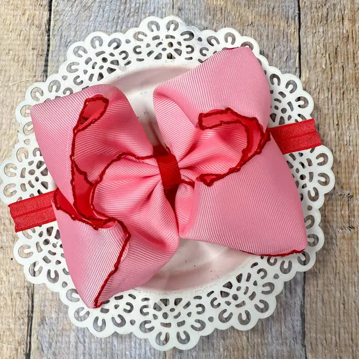 Pink with Red Moonstitch Bow Headband