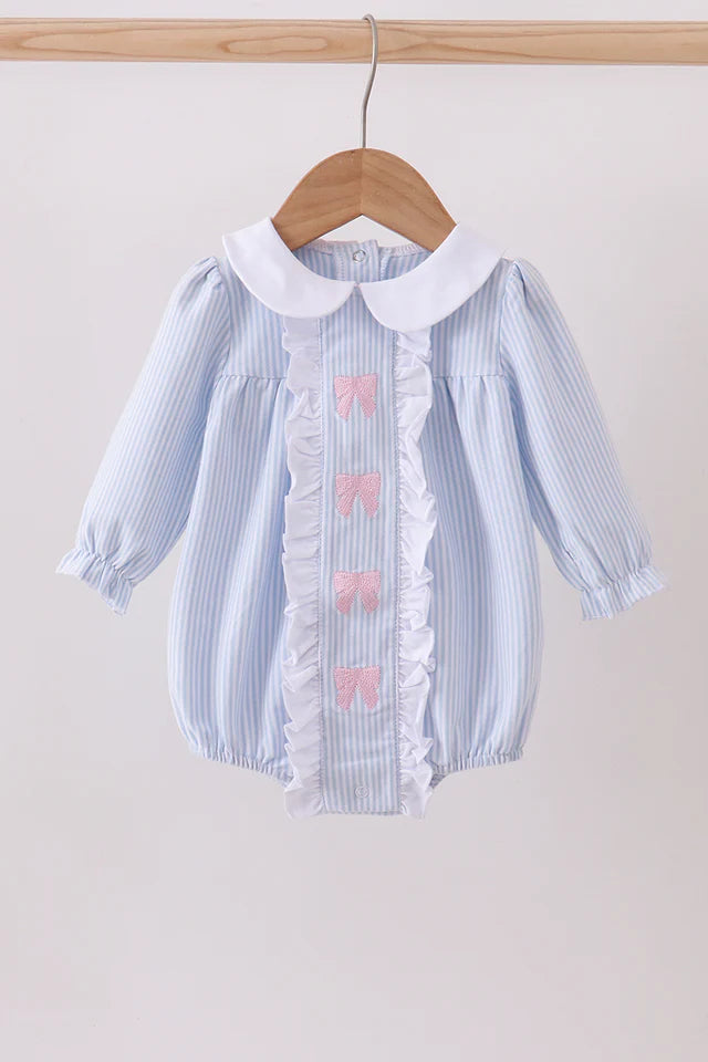 Blue Stripe Bow Embroidery Romper