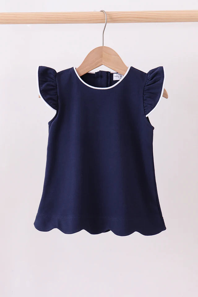 Navy Flutter Scallop Top