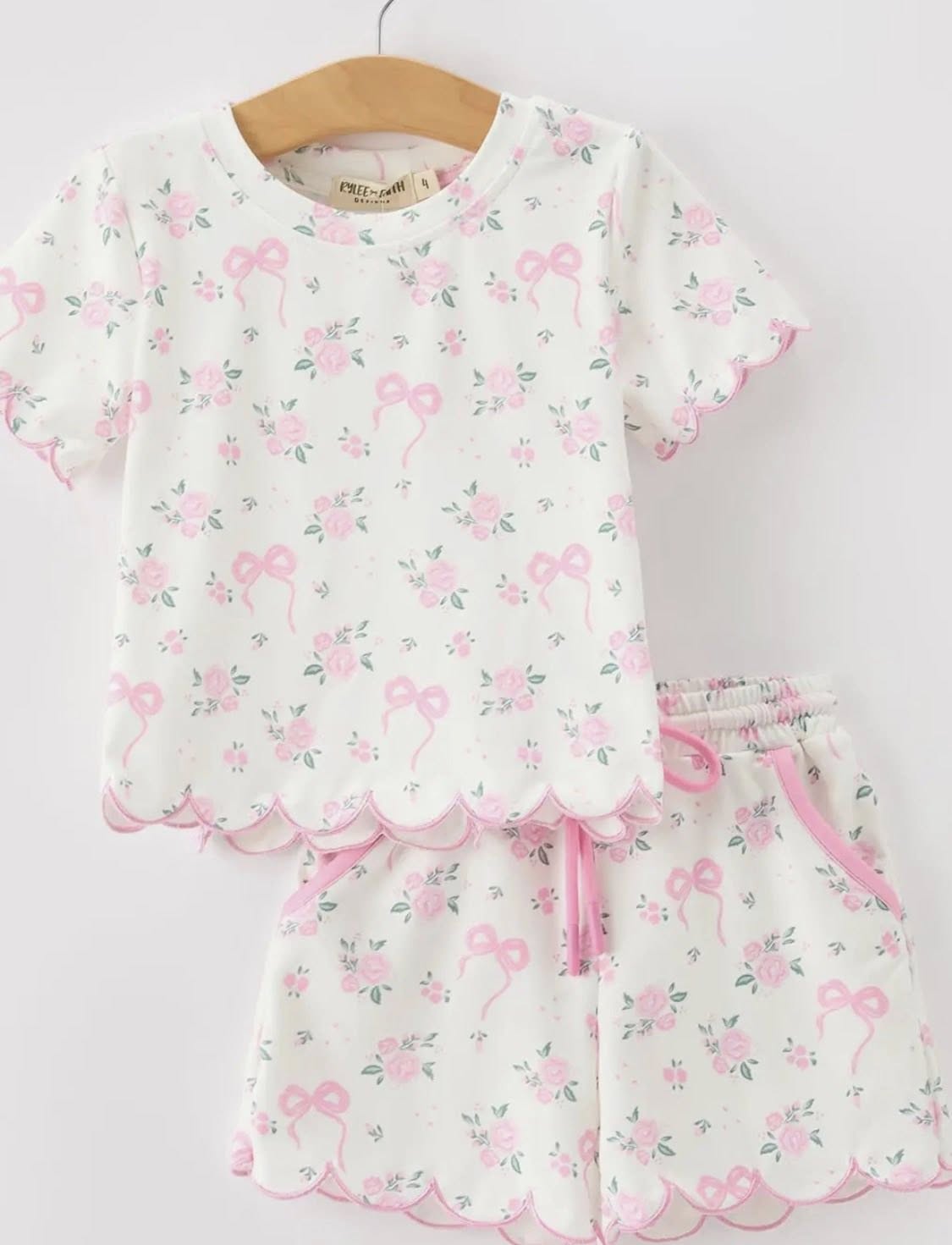 Rose Bow Girl Short Set Scallop Hem