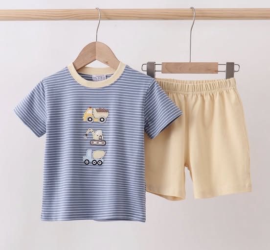 Blue stripe truck embroidery shorts set