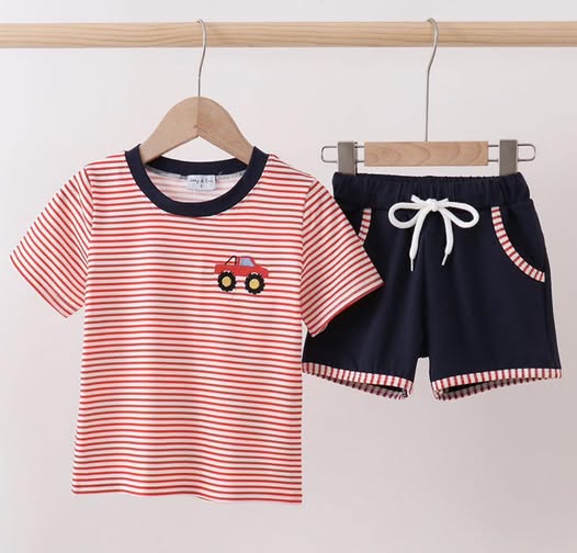 Red Stripe Truck Embroidered Set