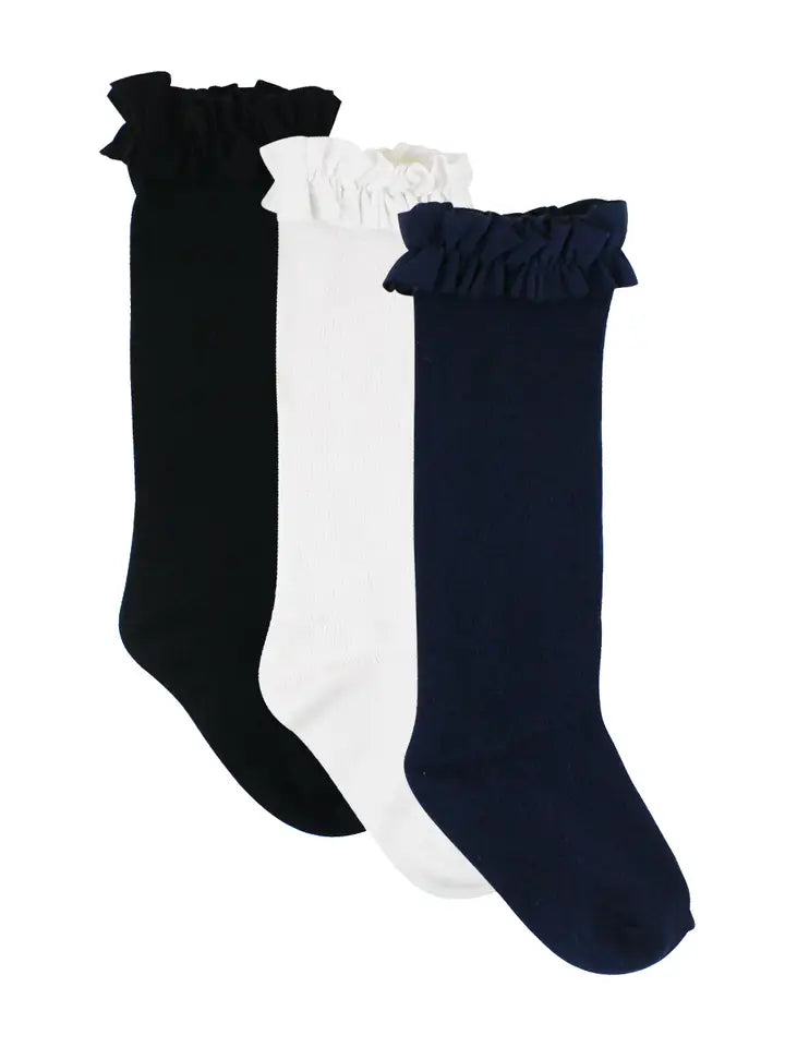 Girls Black; White & Dark Navy 3-Pack Knee High Ruffle Socks