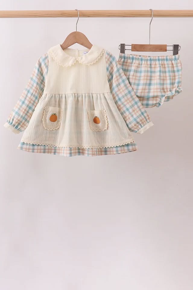 PRESALE: Cream pumpkin embroidery plaid bloomer set - ETA 8/26/26