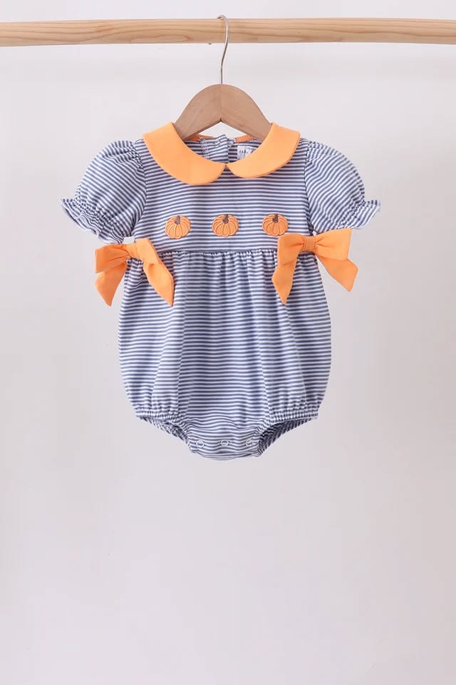 PRESALE: Teal stripe pumpkin embroidery bow bubble - ETA 8/26/26