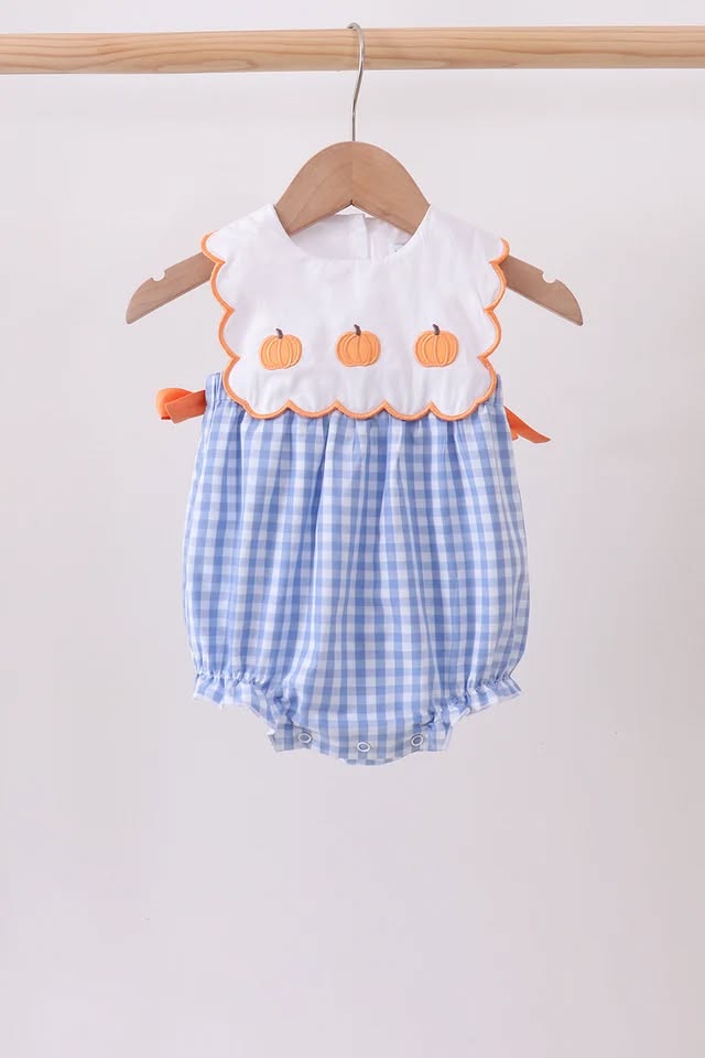 PRESALE: Blue gingham pumpkin embroidery bow bubble - ETA 8/26/26