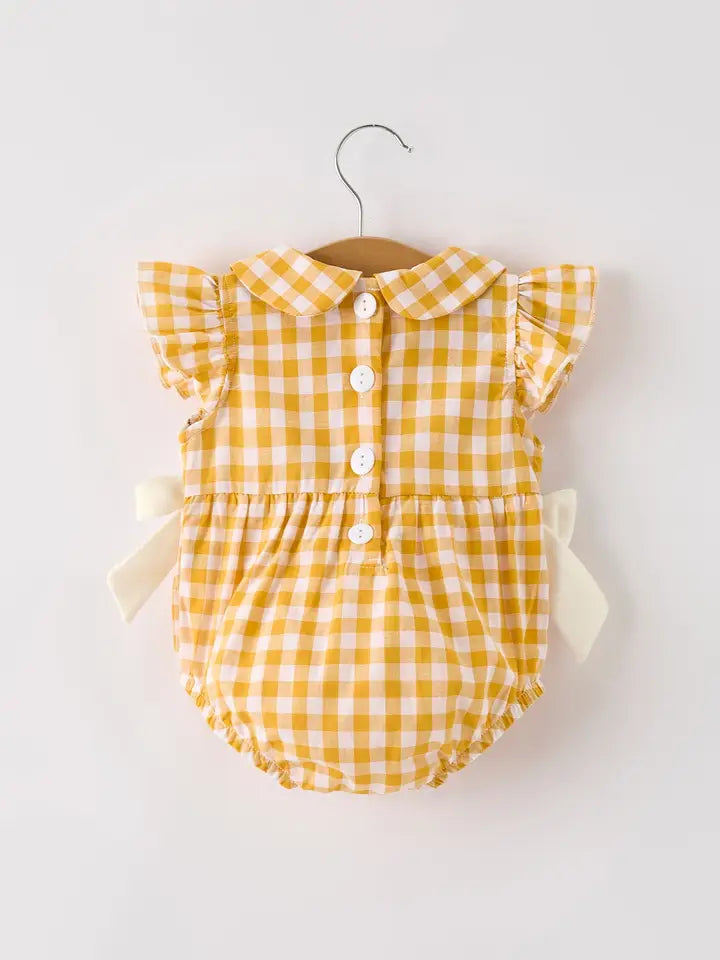 Thanksgiving Yellow Plaid Turkey Pumpkin Embroidery Romper (ETA: mid to late July)