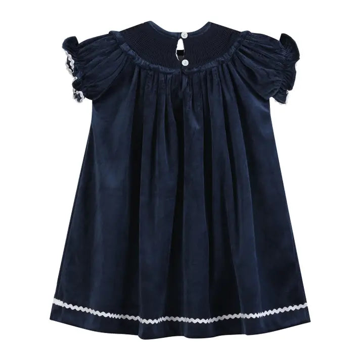 Blue Velvet Silver Bows Smocked Ruffle Bishop Dress