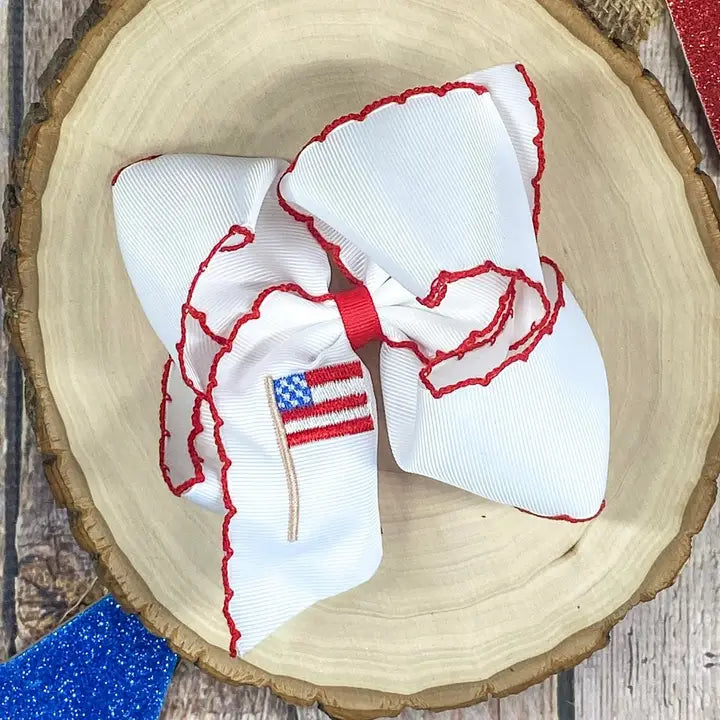 American Flag Embroidered Moonstitch Hair Bow | Clip or Headband