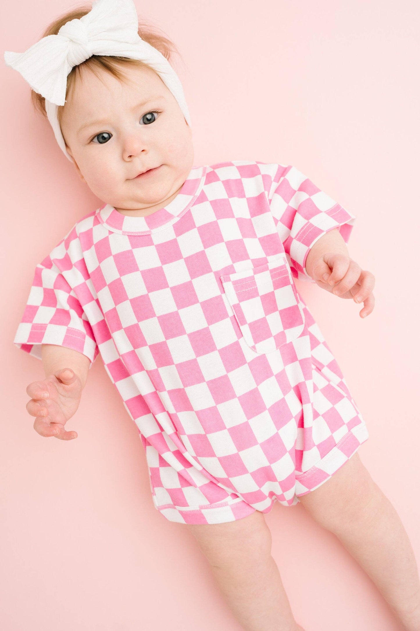 Pink Checkered Pocket Romper