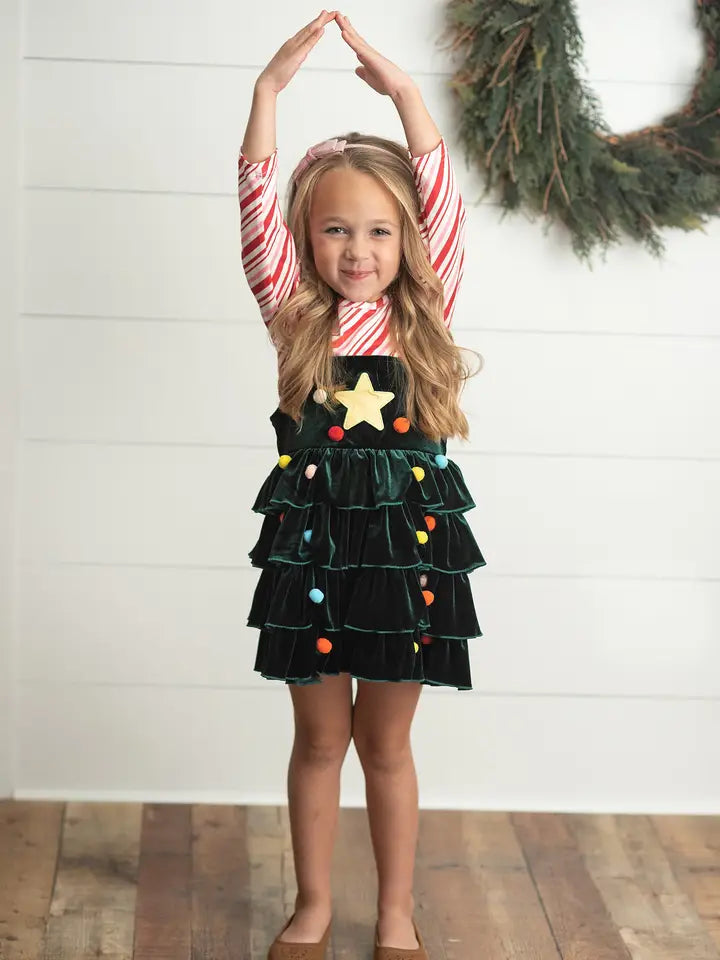 Kids Candy Cane & Velvet Christmas Tree Holiday Dress Set