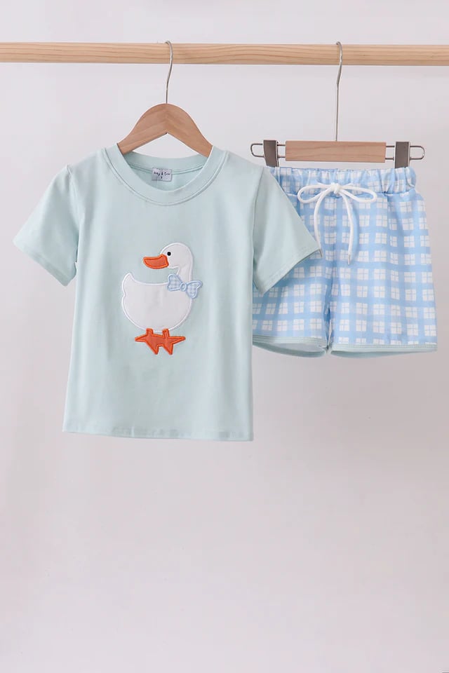 Blue goose applique gingham shorts set