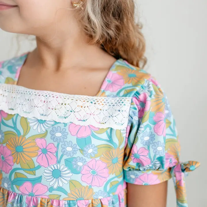 Kids Vintage Floral & Lace Tiered Square Neck Spring Dress