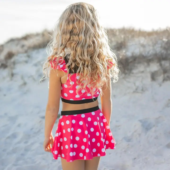 Girls Pink & Black Mini Dot Ruffle Skirted 2 Piece Swimsuit