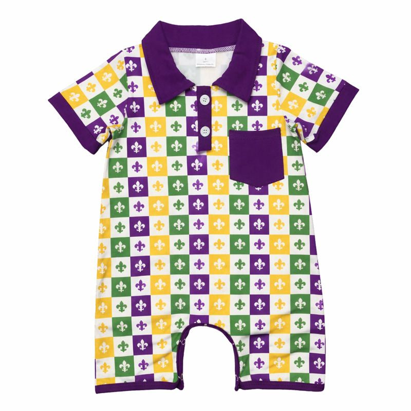 Fleur-de-Lis Check Collared Romper