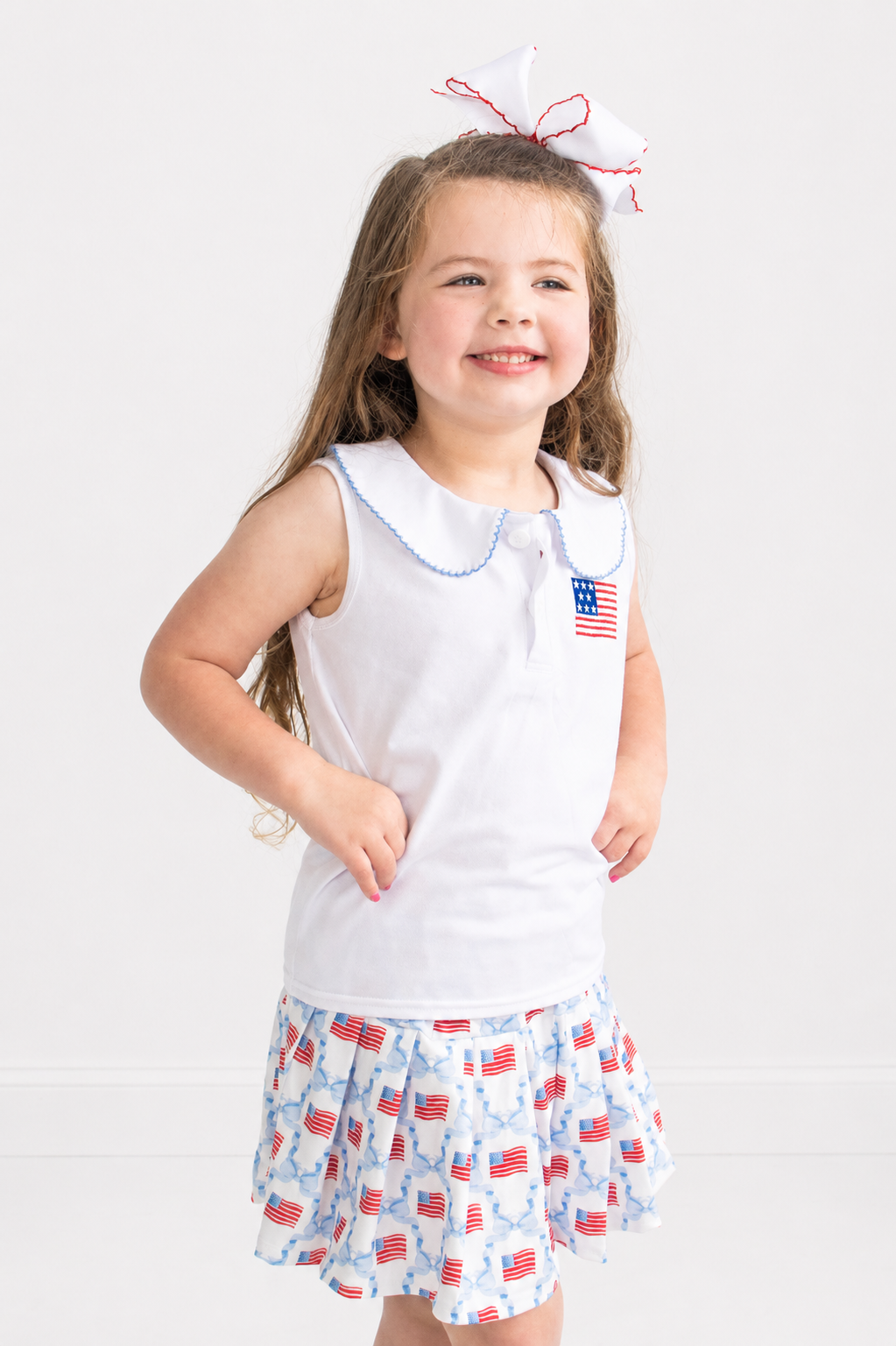 Blue flag embroidery skort set