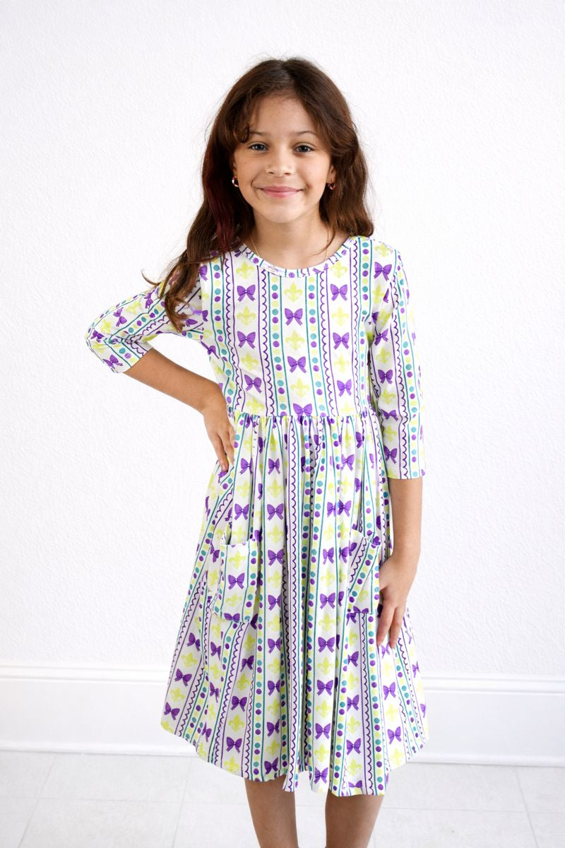 Mardi Gras 3/4 Sleeve Pocket Twirl Dress