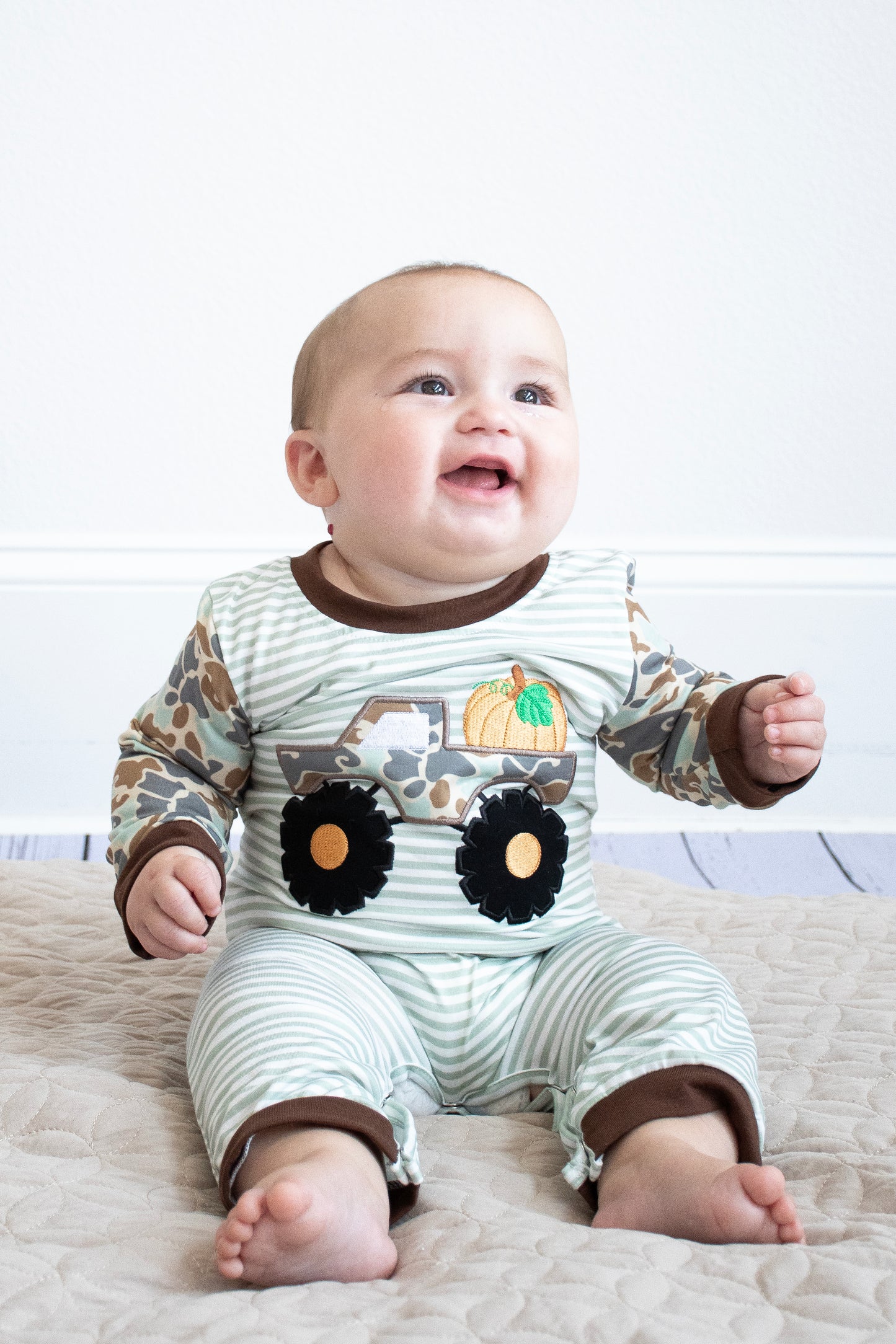 Camouflage Truck Pumpkin Applique Stripe Romper