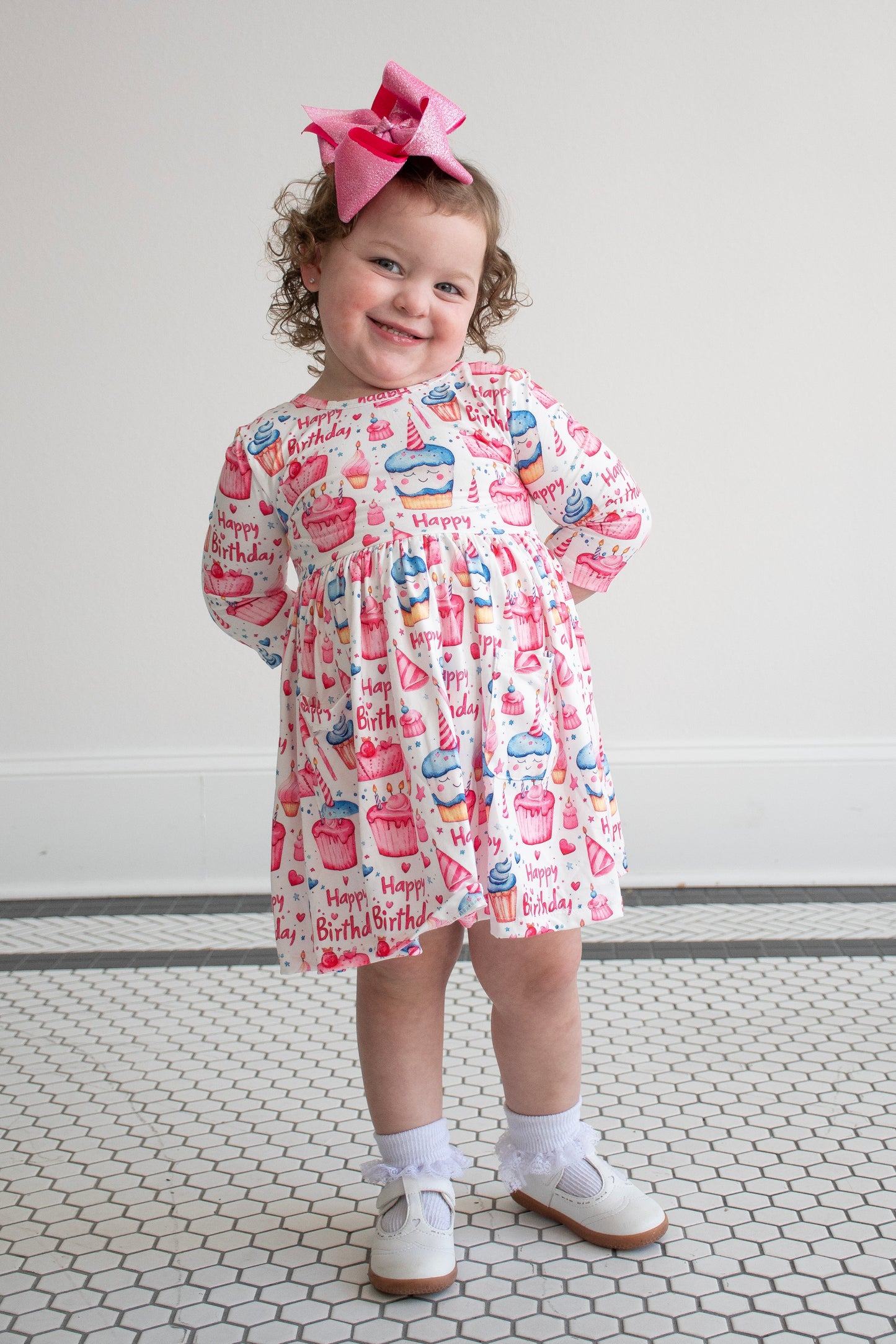 Birthday Girl 3/4 Sleeve Pocket Twirl Dress