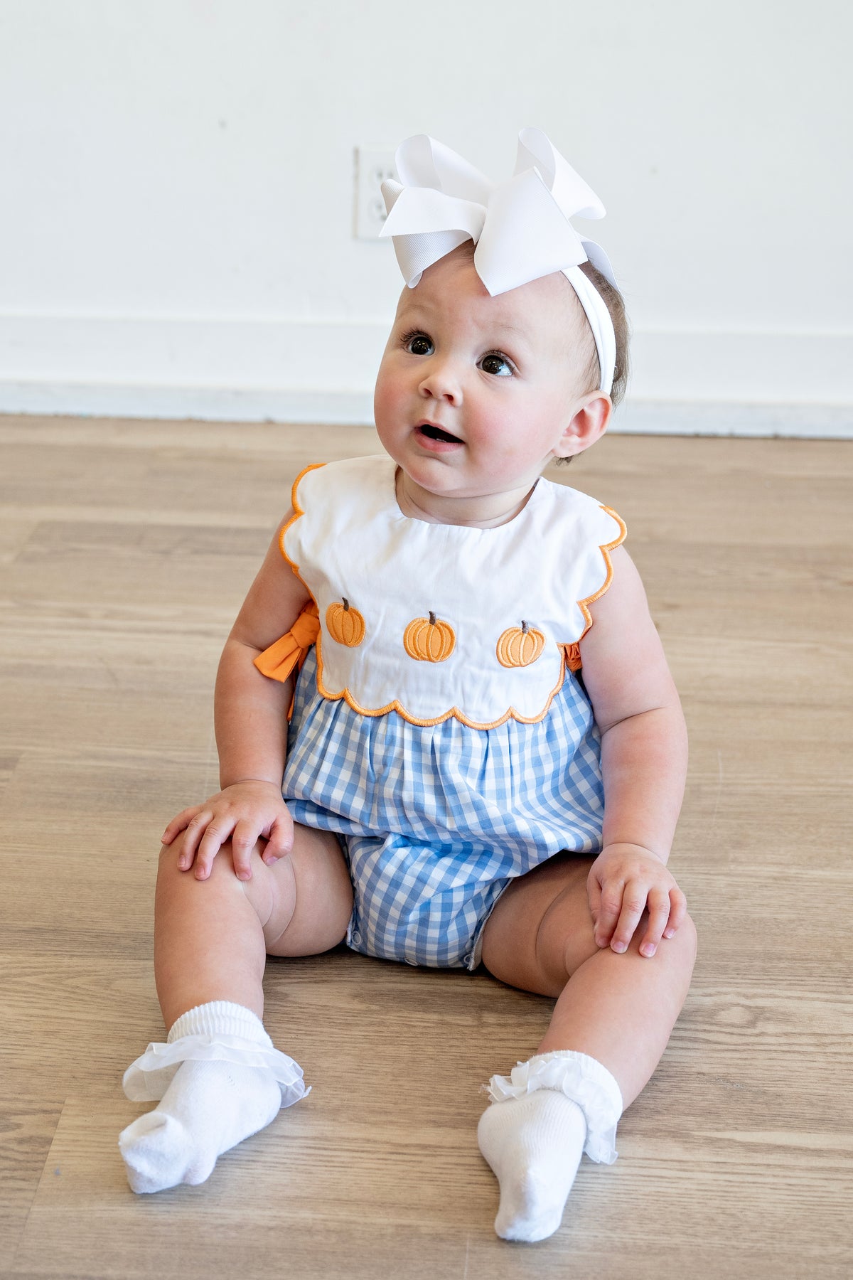 Blue gingham pumpkin embroidery bow bubble